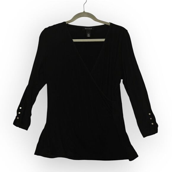 WHBM BLACK FAUX WRAP V Neck 3/4 sleeve top blouse SZ L - Picture 2 of 6